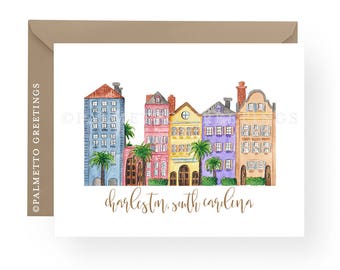 PRINTED - Set of 8 Folded Notecards, Charleston South Carolina Rainbow Row Original Watercolor Stationery by Palmetto Greetings