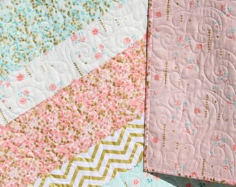 Shimmer Baby Quilt, Girl Crib Bedding, Blanket, Gold Striped, Coral Pink Light Blue Nursery Decor, Brambleberry Glitz, Ready to Ship