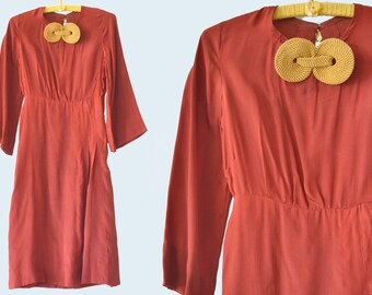 1930s Burgundy Dress, Gold Details, size S