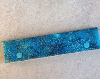 Sparkly gold and teal DPN knitting needle cozy