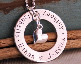 Hand Stamped Mommy Necklace / Personalized Jewelry / Sterling Silver Necklace / Family Circle of Love with heart