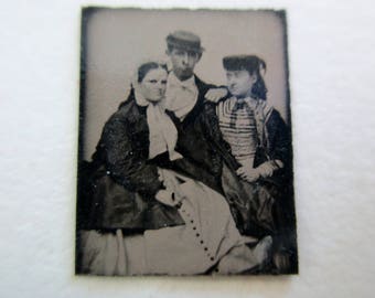 antique miniature gem tintype photo - 1800s, interesting trio, man, women