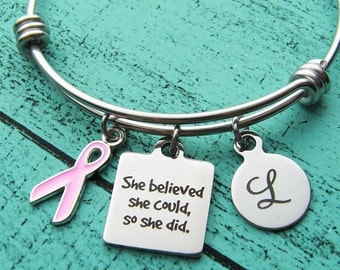 breast cancer gift, cancer survivor recovery bracelet, inspirational gift, cancer awereness, she believed she could, pink ribbon cancer free