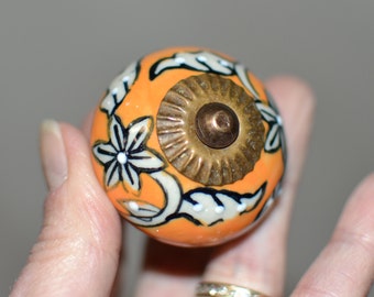 vintage drawer pulls knobs Set of 9 - ceramic soft orange with floral design brass accents - hand painted - chest of drawers kitchen island