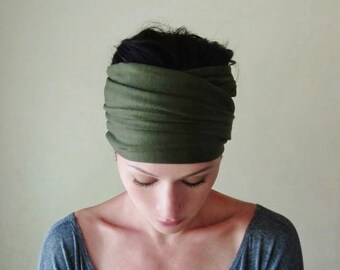DARK OLIVE Green Head Scarf - Army Green Jersey Hair Wrap - Yoga Headband - Extra Wide Headband - Bohemian Hair Accessories - Activewear