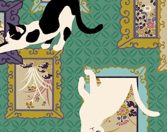 Neko III - Cats On Frames Teal from Quilt Gate USA