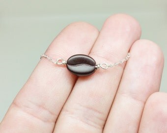 Coffee Bean Necklace - Sterling Silver - Coffee Lover Gift - Unique Coffee Gift - Tiny Brown Coffee Bean - Glass Coffee Bean Charm Necklace