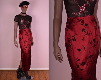 90s Black and Red Floral Print Skirt/ US 3/ 1990s