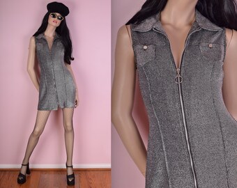 90s Silver Metallic Zip Up Dress/ Small/ 1990s/ Rave/ Club