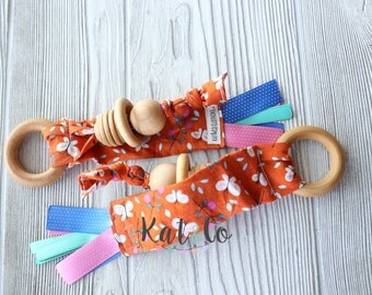 Ready to ship Natural maple teething ring in organic orange butterfly fabric. Can be personalized.