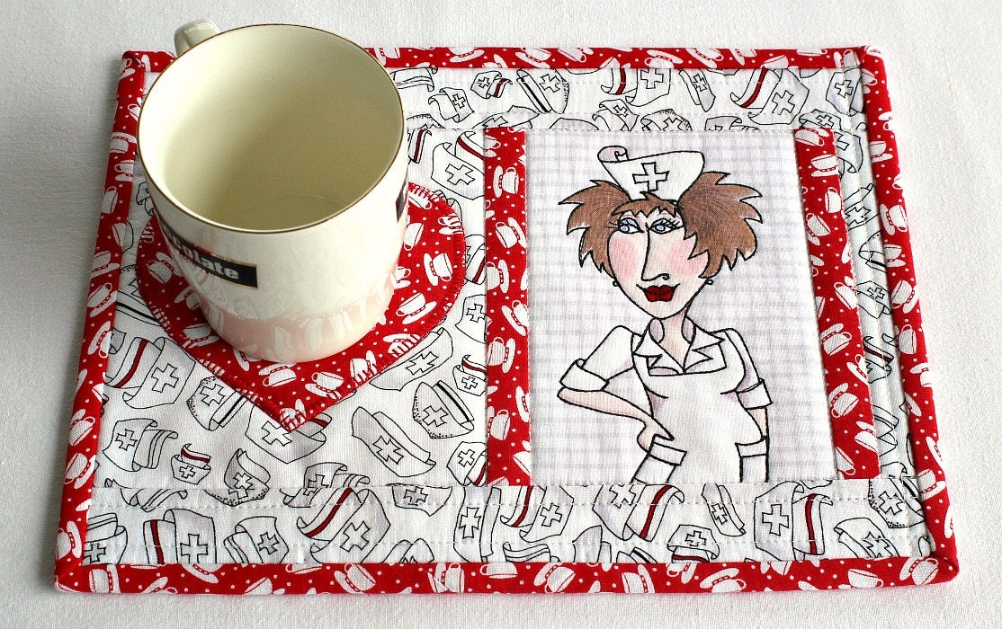 Quilted Nurse Mug Rug Medical Snack Mat Red White Mug Rug