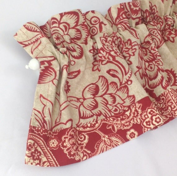 ROYAL RED Valance Curtains Red Paisley Tan Trim Flowers