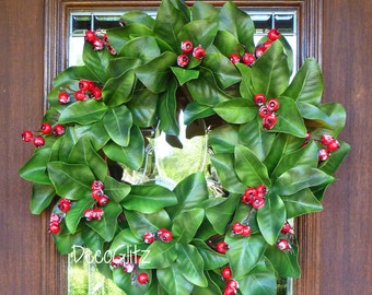 MAGNOLIA CHRISTMAS Wreath with Frosted Red BERRIES