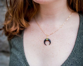 Black horn necklace gold horn necklace bone necklace gold tusk necklace crescent jewelry layering necklace