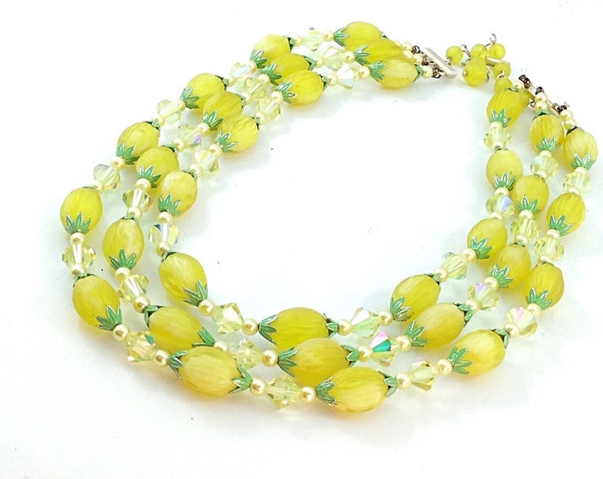 Vintage Japan 3 strand Yellow Necklace, Lemon Fruit style beads, green leaves, yellow aurora borealis crystals.Yellow necklace Japan.