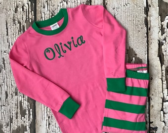 Monogrammed Christmas Pajamas - Xmas Pjs - Pink/Green Pajamas - Personalized Pjs for girls