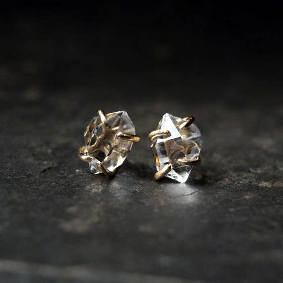 Large Clear Herkimer Diamond Prong Studs in 14kt Yellow Gold