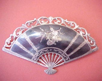 Large and Handsome Damascene Siamese Sterling Silver Fan Brooch