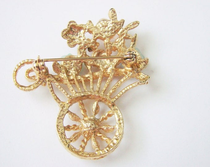 Vintage Flower Cart Brooch Pastel Molded Glass Flowers Pearls Retro