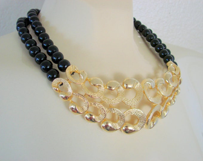 Valentino Runway Haute Couture Brushed Gold Plate Black Bead Bib Necklace / Designer Signed "Vc" / Vintage Jewelry / Jewellery