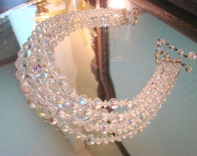 1950s Laguna Austrian Crystal & Rhinestone Bib Choker Necklace / Designer Signed / Mid Century / Vintage Jewelry / Jewellery