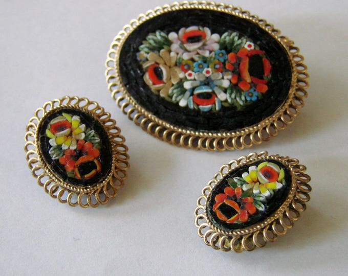 Antique Floral Micro Mosaic Demi Parure Brooch Earrings Vintage Jewelry Jewellery
