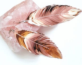 LIMITED Italian Rose Gold Foil Leather, Feather Earring, Bridal Accessories, Bridal, Leather Earring, leather Feather Earrings, Bohemian