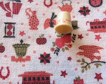 pink and red novelty print vintage cotton barkcloth fabric