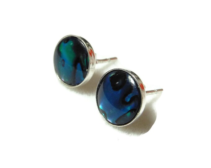 FREE SHIPPING Paua shell earrings, blue paua shell cabochon, sterling silver filled frames and post, pierced earrings, beach wedding bride