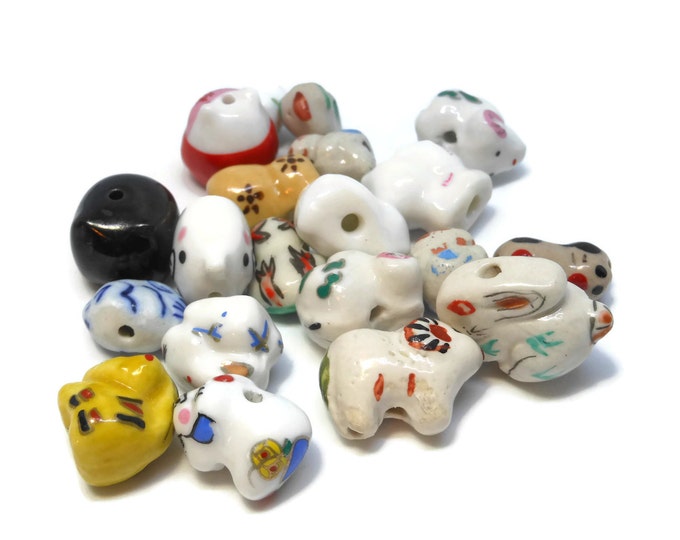 Porcelain animal beads, 20 piece lot, including dogs bear cats sheep pigs rabbits frog, ceramic small beads, animal Kawaii beads, farm beads