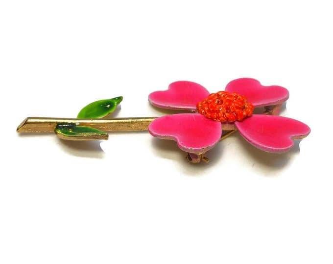 FREE SHIPPING Signed ART daisy brooch, large mod 1960s, pink and orange enamel flower, floral pin with textured center, flower power!