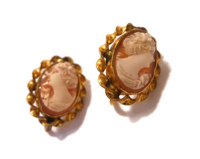 Amco cameo earrings, screw back earrings, marked 1/20 12KT gold filled, carved shell