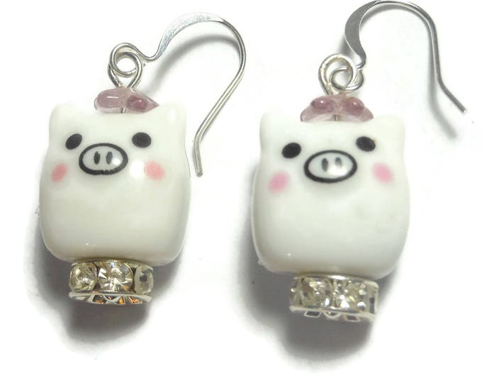 FREE SHIPPING Kawaii pig earrings, porcelain beads, Swarovski crystal Czech pressed glass, silver plated pink black, hat collar piggie