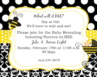 Bee Bumblebee Gender Reveal Revealment invitations with envelopes -little honey-ANY COLORS