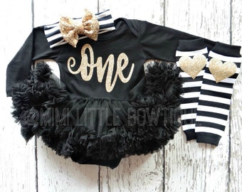 First Birthday Black tutu dress- One tutu dress Gold Glitter- tutu - Black tutu bodysuit- one birthday outfit- gold and black birthday