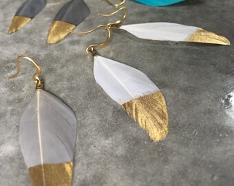 Feather Earrings, gold dipped, boho jewelry