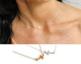 Dainty Choker Necklace, Tiny Cross Necklace, Silver Cross Necklace, Gold Cross Necklace, Gold Choker Necklace, Sideways Cross Necklace