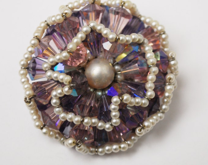 Vendome Brooch - Purple Crystal Rhinestone - faux pearl seed Bead - signed - Floral Atomic - Aurora borealis - Cluster bead pin