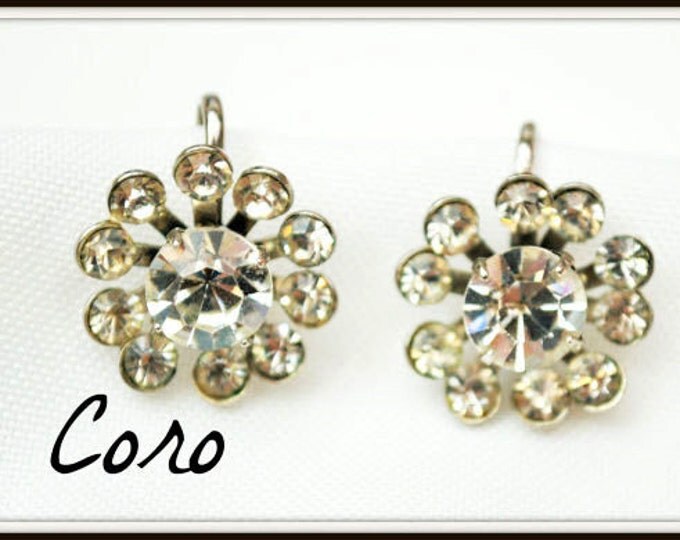 Coro Earrings - Clear Rhinestone - Flower mid century - screw back earring