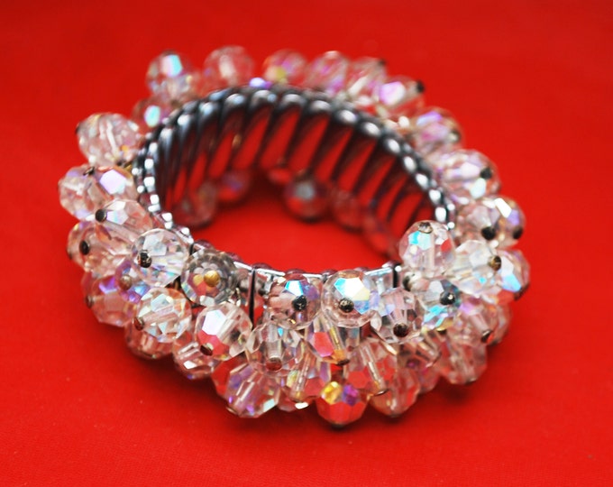 Crystal cha cha Bracelet - Glass Bead - Silver - Expansion bangle - mid century