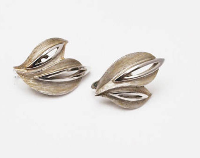 Crown Trifari Earrings Silver Swirl Leaf Mid Century clip on