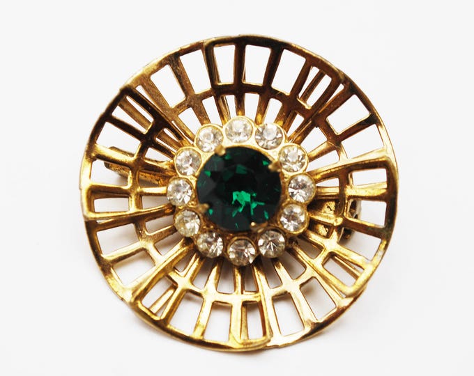 Green Rhinestone Floral Brooch - Gold Filigree -Clear crystal- mid century - flower Atomic pin