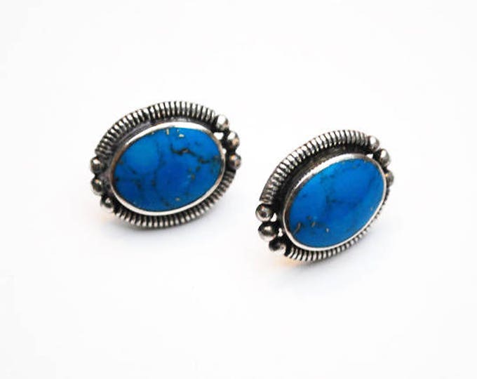 Turquoise Earrings - Sterling Silver - oval blue gemstone - Pyrite inclusions - Southwestern - Native American - Pierced Stud earring