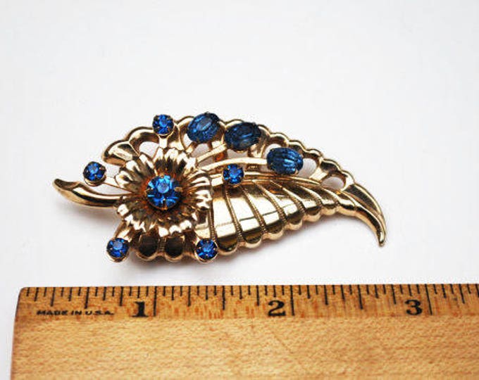 Blue Rhinestone Flower Brooch gold pin