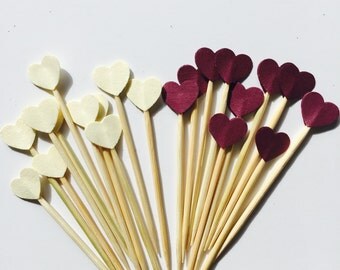 50 Pcs Mini HEART CREAM - BURGUNDY Cupcake Toppers - Birthday Party, Weddings, Bridal Showers