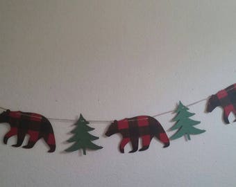 Lumberjack Bear Banner-Buffalo Plaid Bear and Tree Garland-Buffalo Plaid Bear Mantle Banner-Buffalo Bear Christmas Banner-Black Bear garland