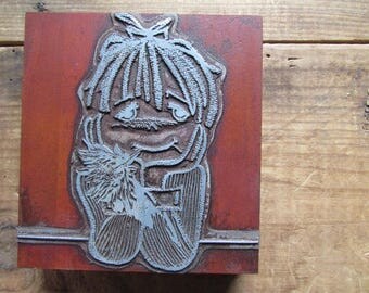 Large Printer's Block Little GIrl With Flower Vintage Printer's Letterpress Block Stamp