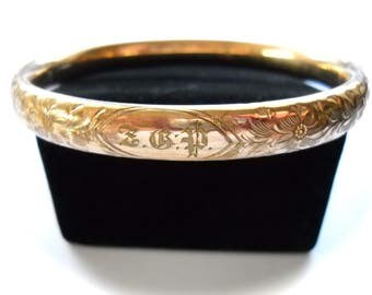 Victorian, Edwardian Bracelet Engraved Floral Hinged Rose Gold Filled Bangle