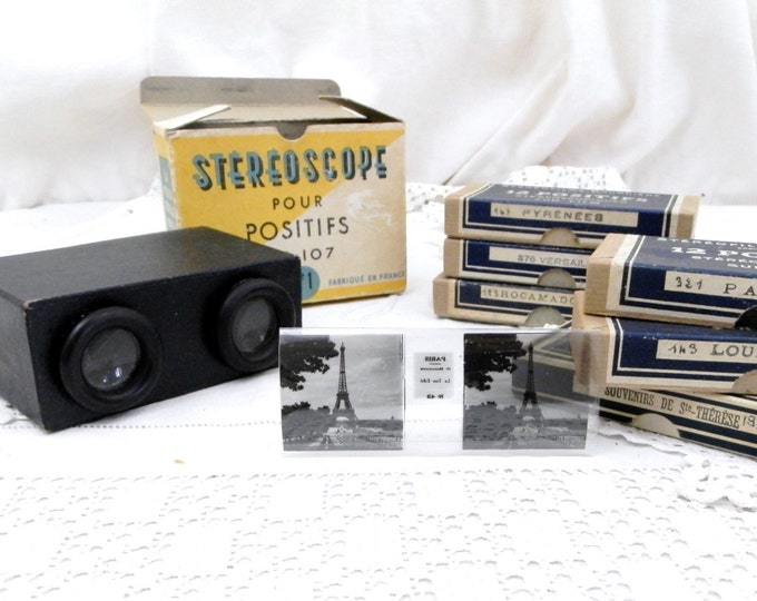 Antique French Boxed Stereoscope 3D Gadget with 6 Boxes of 12 Films of Paris, Lourdes, Pyrénées, Versailles Castle, Rocamadour, St Theresa