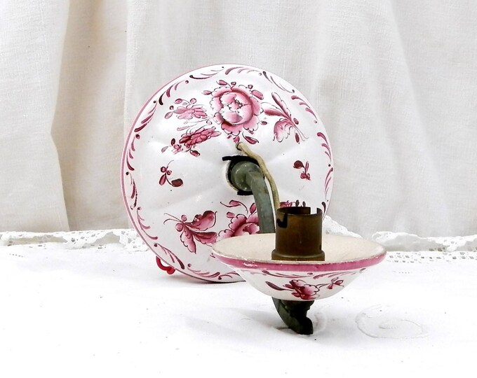 Vintage French Faience White Salt Glaze Stoneware with Hand Painted Mauve Floral Pattern Ceramic Metal Wall Lamp / Sconce, Malicorne Pottery